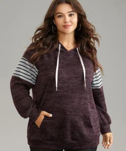 Heather Striped Patchwork Pocket Hooded Sweatshirt