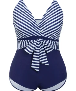 Striped Patchwork Wrap Knot Front One Piece Swimsuit -Clothing Shop 830268821 mv
