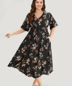 Floral Print Shirred Pocket V Neck Pleated Dress -Clothing Shop 830432702 at
