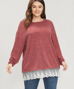 Solid Round Neck Lace Hem Long Tee