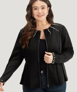 Pearl Beaded Zipper Plicated Detail Coat -Clothing Shop 830955474 xf