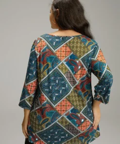 Paisley Colorblock Contrast Keyhole T-shirt -Clothing Shop 831106044 qm