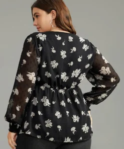 Silhouette Floral Print Gathered Shirred Blouse -Clothing Shop 83132781 kx