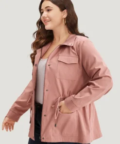 Plain Pocket Button Through Drawstring Zipper Jacket -Clothing Shop 831565790 zb