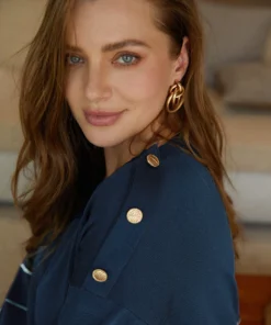 Striped Metal Button Detail Elastic Cuffs Pullover -Clothing Shop 831648808 ci