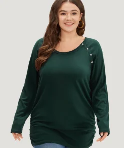 Plain Gathered Button Detail T-shirt -Clothing Shop 831771006 lh