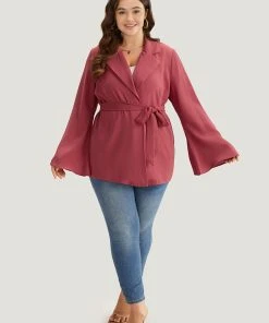 Solid Bell Sleeve Belted Lapel Collar Blazer -Clothing Shop 831924193 wc