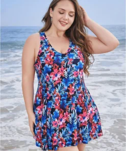 Floral Print Ruffles Sculpt Waist A Line Swim Dress -Clothing Shop 831956824 if