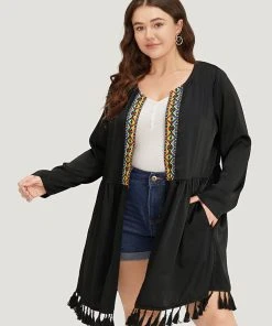 Bandana Print Tassels Trim Open Front Kimono -Clothing Shop 831967086 aw