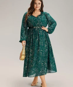 Glitter Star Notched Pleated Lantern Sleeve Dress