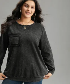 Vintage Patched Pocket Round Neck Sweatshirt -Clothing Shop 832796728 wq