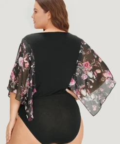 Floral Print Patchwork Mesh Asymmetrical Sleeve Bodysuit 18 Floral Print Patchwork Mesh Asymmetrical Sleeve Bodysuit -Clothing Shop 833008839 wv
