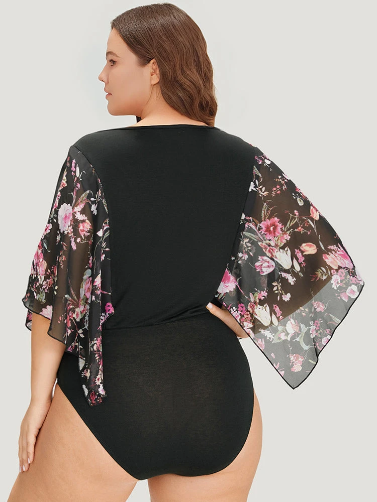 Floral Print Patchwork Mesh Asymmetrical Sleeve Bodysuit 9 Floral Print Patchwork Mesh Asymmetrical Sleeve Bodysuit - Image 7