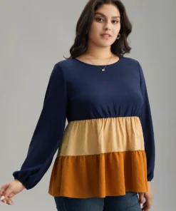 Colorblock Contrast Gathered Ruffle Layered Hem Blouse -Clothing Shop 833182091 vg