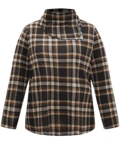 Plaid Funnel Neck Button Detail T-shirt -Clothing Shop 833646644 qa