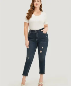 Very Stretchy High Rise Dark Wash Distressed Stitch Jeans -Clothing Shop 833656514 hc