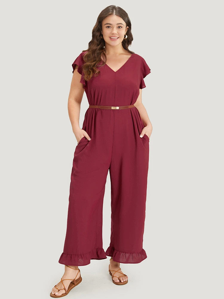 Plain Ruffle Cap Sleeve V Neck Zipper Jumpsuit 6 Plain Ruffle Cap Sleeve V Neck Zipper Jumpsuit - Image 4