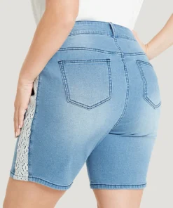 Very Stretchy High Rise Light Wash Contrast Lace Denim Shorts -Clothing Shop 83477359 me