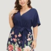 Floral Pocket Batwing Sleeve Surplice Neck Romper