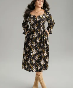 Floral Print Notched Frill Trim Gathered Shirred Dress