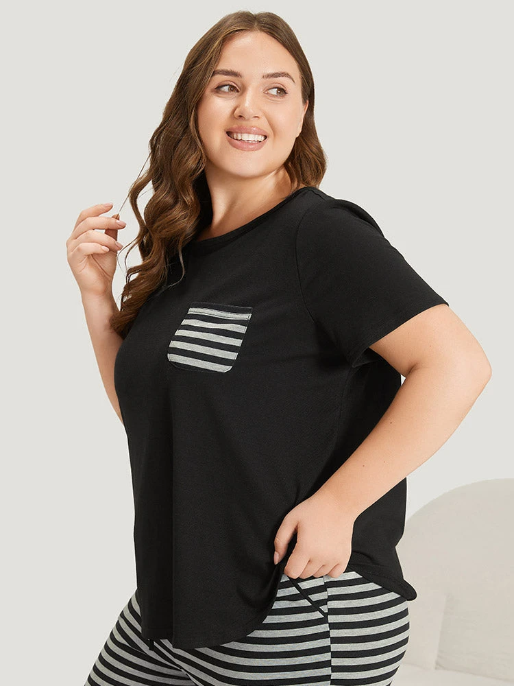 Striped Patchwork Patched Pocket Arc Hem Sleep Top 5 Striped Patchwork Patched Pocket Arc Hem Sleep Top - Image 3