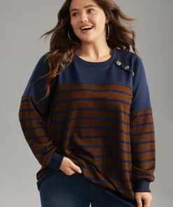 Striped Patchwork Button Detail Sweatshirt -Clothing Shop 835312953 ce 5d7ea794 3e1f 4218 9621 43a7687df670