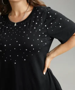 Glitter Star Print Crew Neck T-shirt -Clothing Shop 835832989 dw