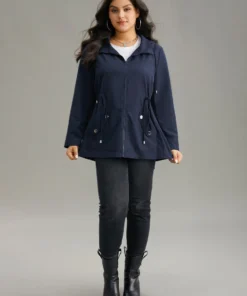 Static-Free Metal Detail Zipper Hooded Drawstring Windbreaker -Clothing Shop 836577515 eg