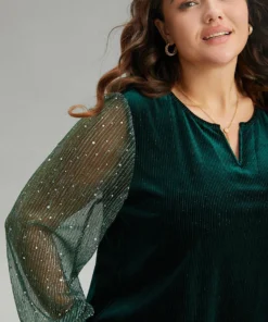 Velvet Patchwork Mesh Sequin Notched T-shirt -Clothing Shop 837535166 ar