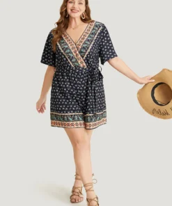 Bandana Print Wrap Ruffle Sleeve Pocket Belted Romper -Clothing Shop 837773746 ms