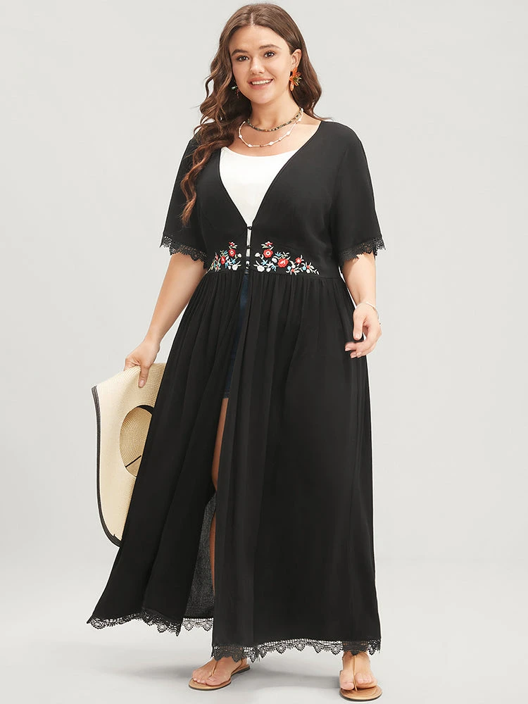 Floral Embroidered Lace Trim Button Front Kimono 4 Floral Embroidered Lace Trim Button Front Kimono - Image 2