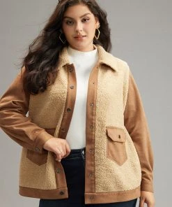 Contrast Patchwork Flap Pocket Button Up Coat