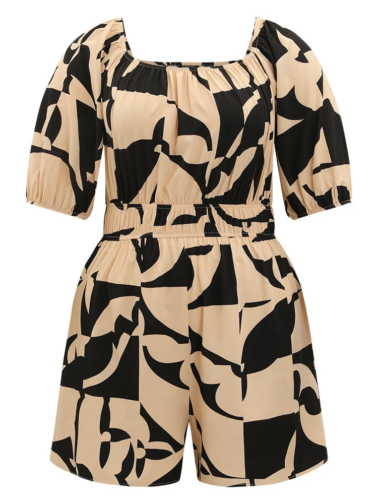 Geometric Shirred Pocket Elastic Waist Puff Sleeve Jumpsuit 10 Geometric Shirred Pocket Elastic Waist Puff Sleeve Jumpsuit - Image 8