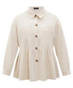 Plain Shirt Collar Button Through Ruffle Hem Pocket Coat -Clothing Shop 838726712 kp