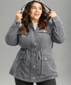 Solid Zipper Button Through Hooded Fluffy Coat