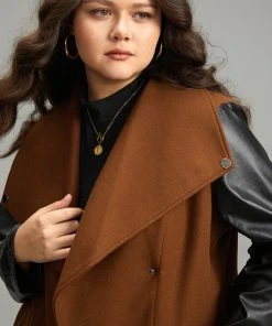 Contrast PU Leather Lapel Collar Pocket Button Up Coat -Clothing Shop 839378947 rv