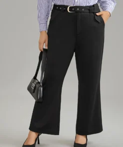 Solid High Rise Belted Bootcut Pants