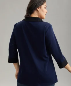 Contrast Patchwork Shirt Collar Button Through Blouse -Clothing Shop 840690185 ds