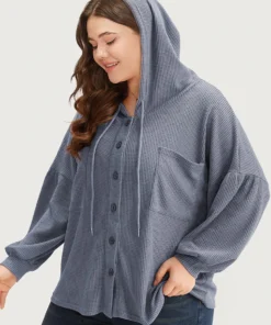 Plain Texture Pocket Button Through Drawstring Hooded Jacket -Clothing Shop 841285199 fd