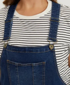 Solid Adjustable Straps Pocket Roll Hem Denim Overalls -Clothing Shop 841832138 ao