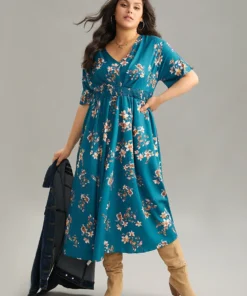 Floral Print Shirred Pocket V Neck Pleated Dress