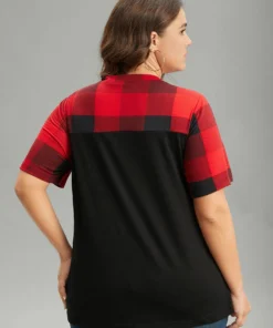 Plaid Contrast Patchwork Pocket Round Neck T-shirt -Clothing Shop 842882748 vz