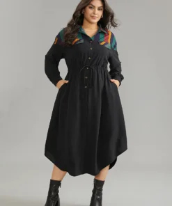 Striped Contrast Drawstring Button Detail Shirt Collar Dress