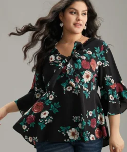 Floral Knot Twist Front Ruffle Sleeve Blouse -Clothing Shop 843302543 au