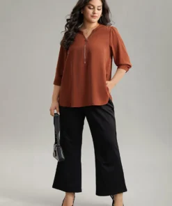 Anti-Wrinkle Plain Half Zip Gathered Blouse -Clothing Shop 843586681 nl