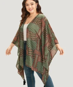 Bandana Print Tassels Trim Asymmetrical Hem Kimono -Clothing Shop 843761251 fj