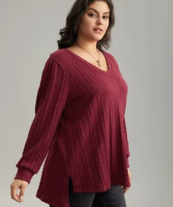 Plain Cable Knit Elastic Cuffs Sweatshirt 19 Plain Cable Knit Elastic Cuffs Sweatshirt -Clothing Shop 844035774 iv