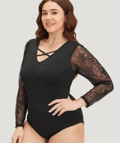 Plain Lace Mesh Patchwork Crisscross Bodysuit 14 Plain Lace Mesh Patchwork Crisscross Bodysuit -Clothing Shop 844140962 kj