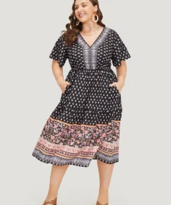 Boho Print Contrast Gathered Pocket Ruffles Dress -Clothing Shop 844429209 tm