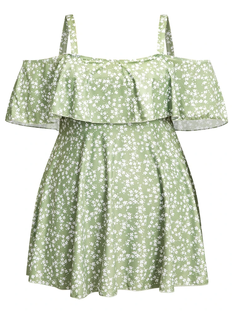 Ditsy Floral Cold Shoulder Sculpt Waist Ruffles Swim Dress 10 Ditsy Floral Cold Shoulder Sculpt Waist Ruffles Swim Dress - Image 8